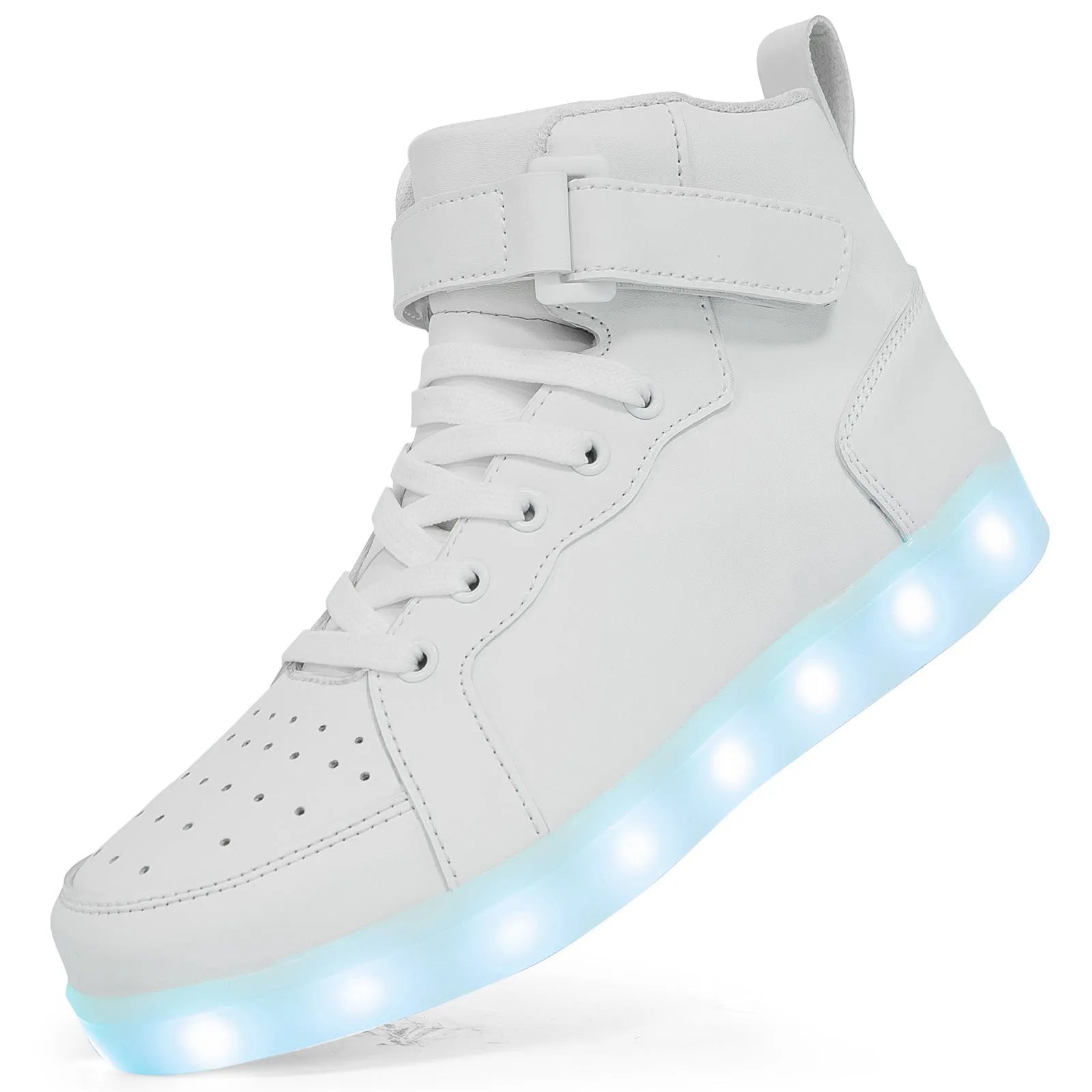 Pair of LED high-top board shoes with lights on, showing Velcro fastening and rubber sole.
