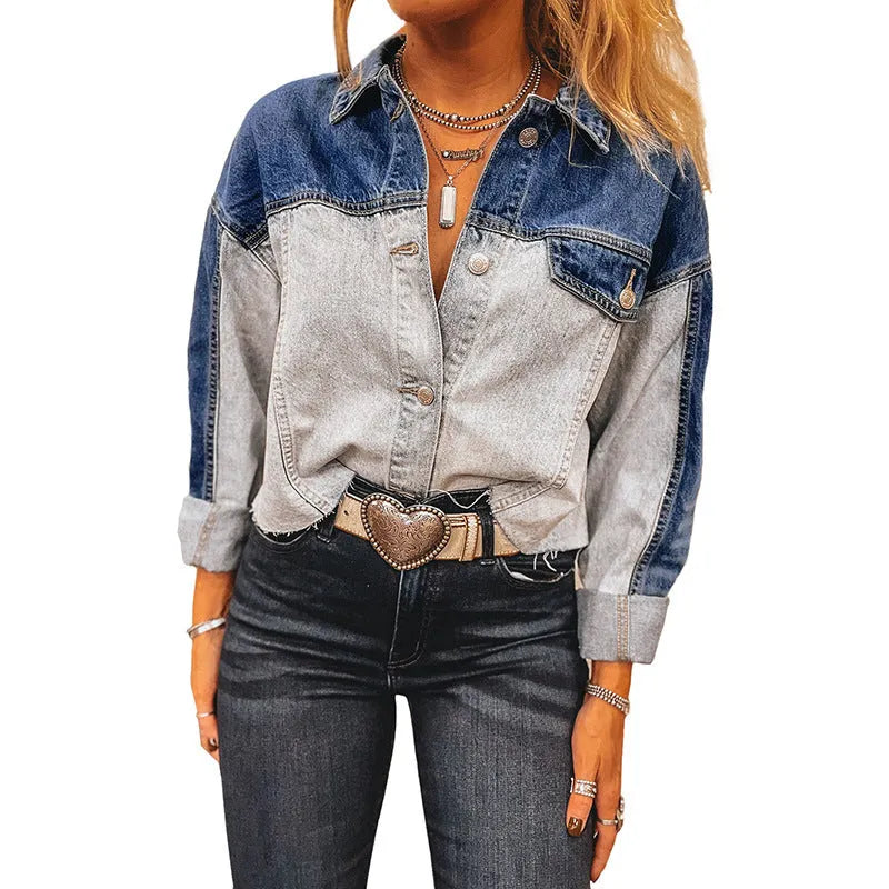 Women's loose fit denim coat with row of buckles front fastening in cotton fabric
