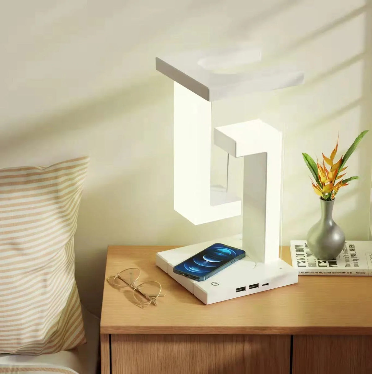 White magnetic suspension table lamp with wireless charging, touch switch, USB power, 12 x 12 x 22 cm, floating light design.