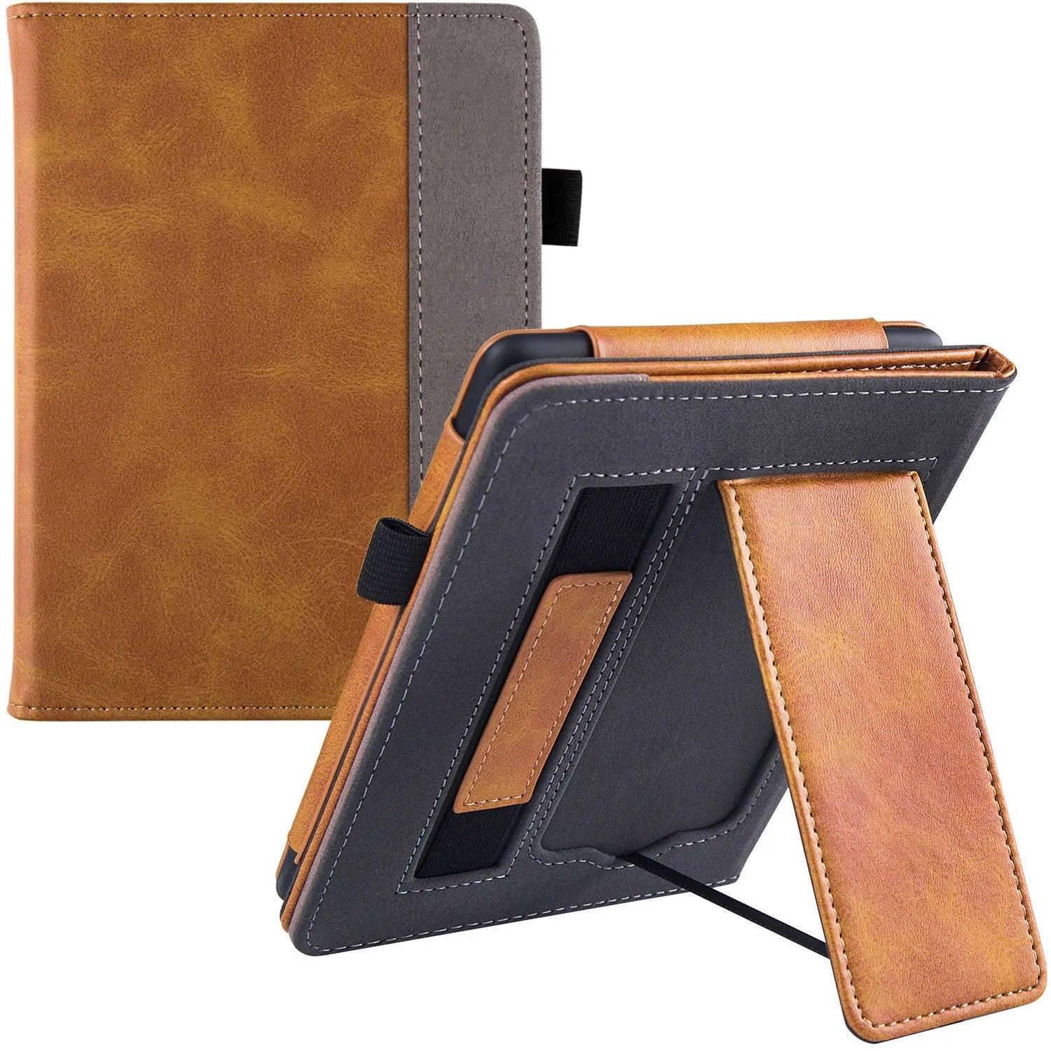 Kindle Paperwhite leather case with wrist splint bracket attached, showing calf leather exterior and microfiber interior