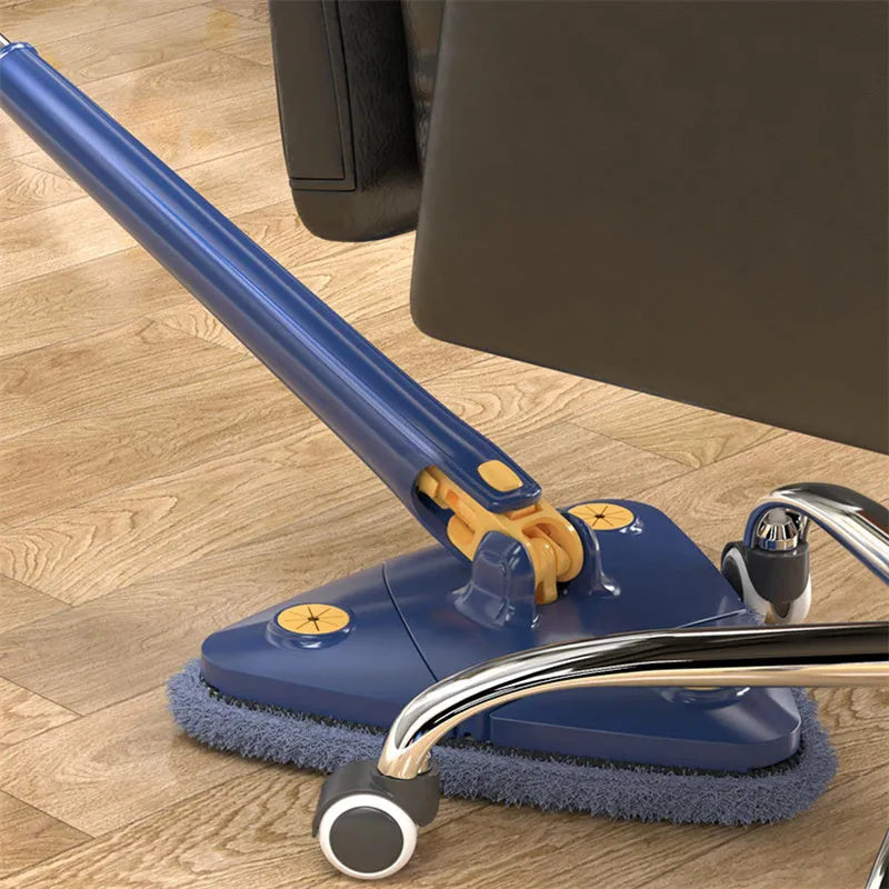 Blue extendable triangle cleaning mop with rotating head on stainless steel pole.