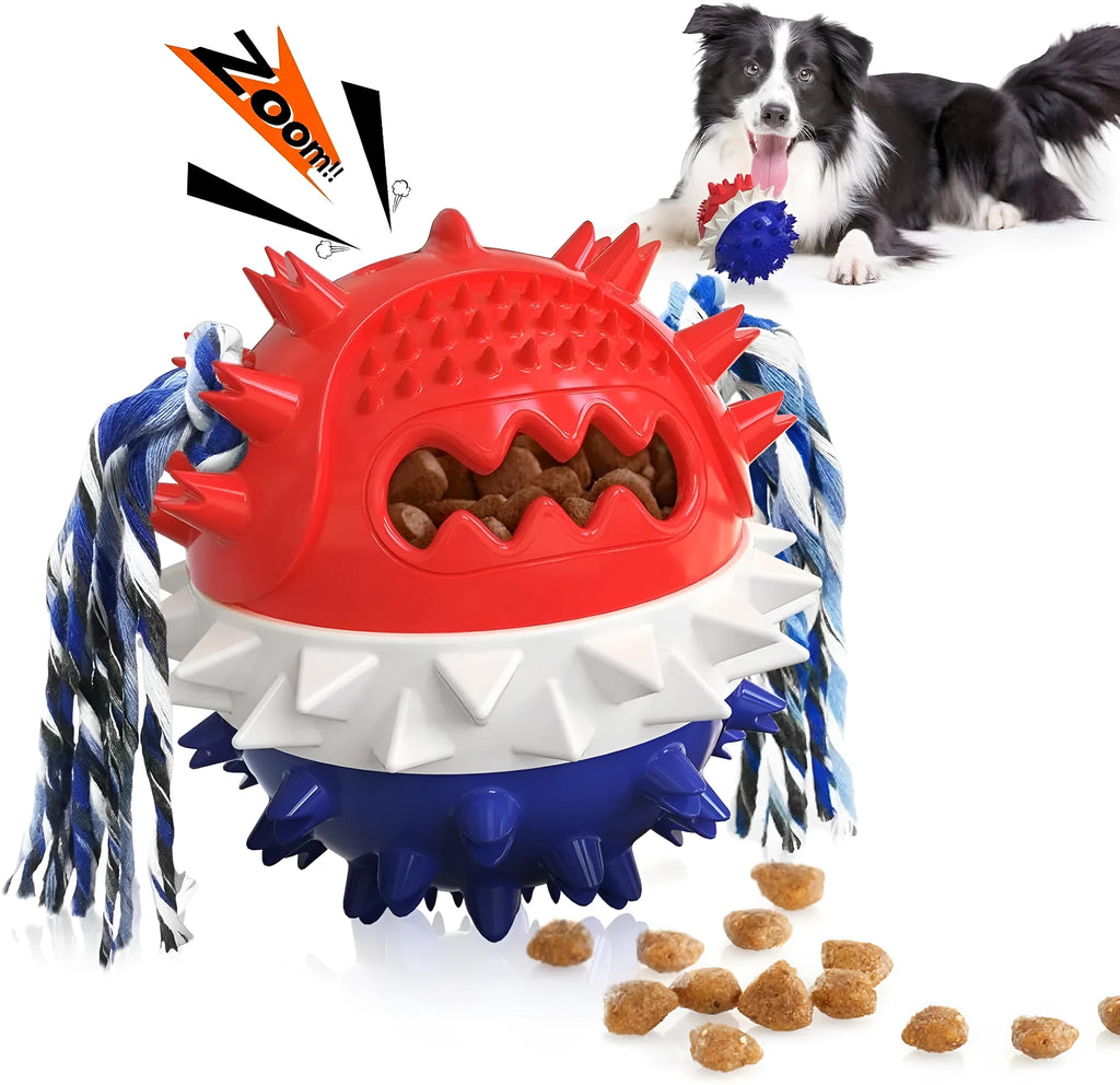 Blue and red TPR rubber dog ball with treat hole and squeaker for large breed chewers.