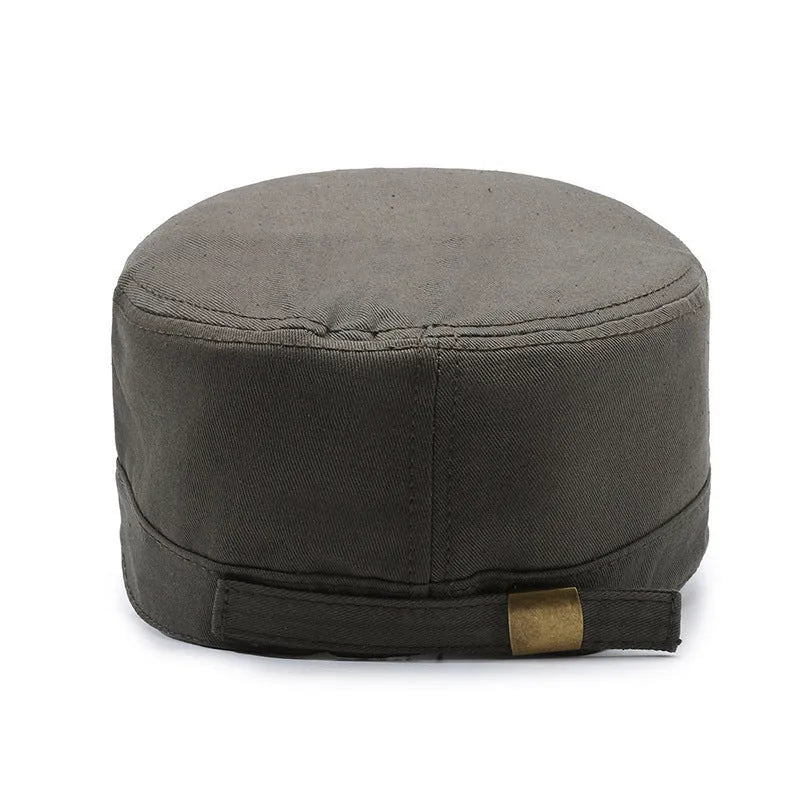 Men's adjustable cotton flat-top peaked cap in army green colour on a neutral background.