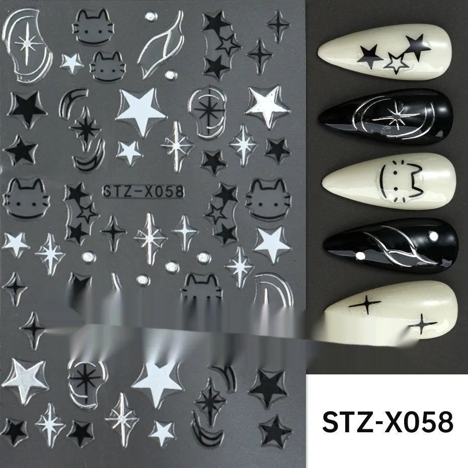 Cartoon love pattern nail art sticker decals in black and silver colours on a plastic sheet.