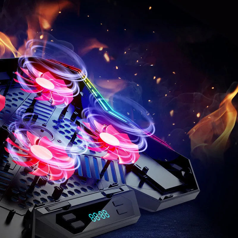 Black and red Ice Magic 6 laptop cooling pad with six fans, USB cable, and speed controls.