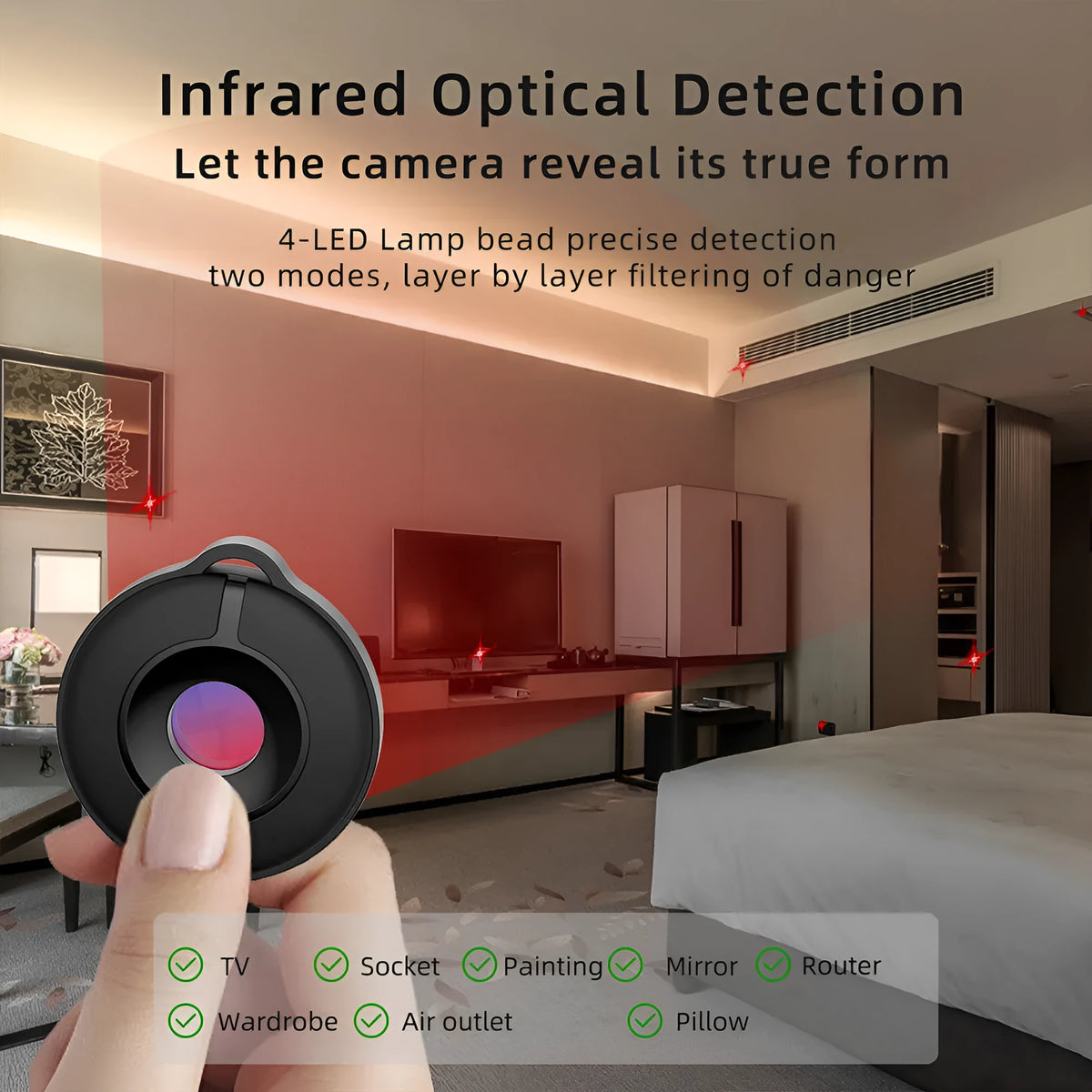 Compact infrared camera detector for finding hidden cameras with a 5-metre range.