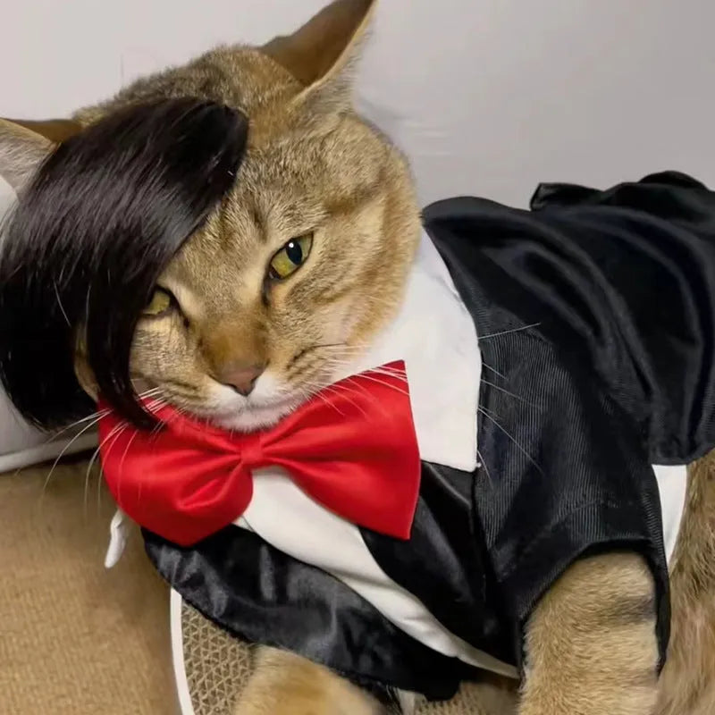 Black polyester cat wig with imitation braid style for pet costume dress-up