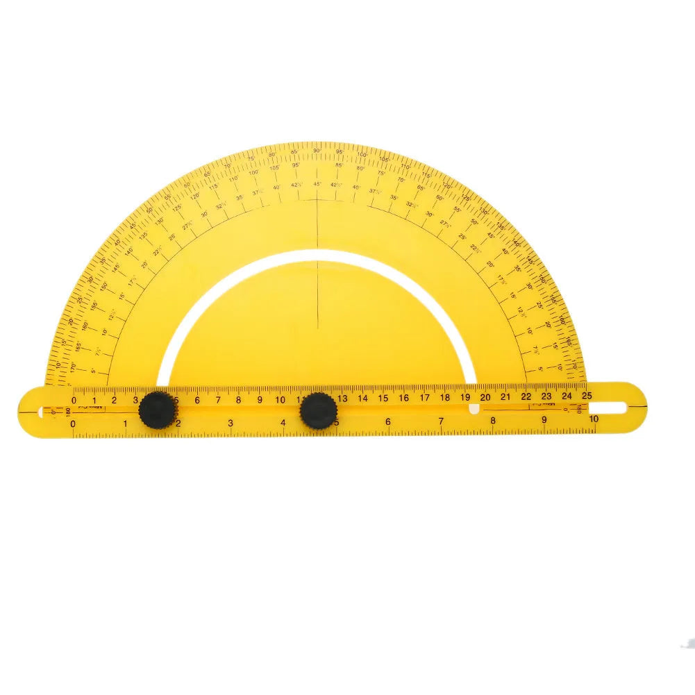 Plastic angle measuring tool with scale arm for 180 degree carpentry and floor tile measurements