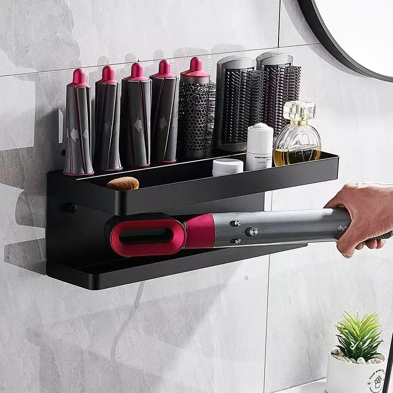 Aluminium double layer punch-free bathroom storage rack for hair curlers in black colour