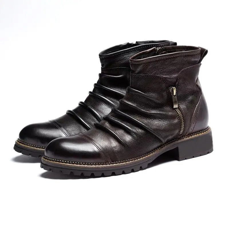 Men's black artificial PU cowboy boots with side zipper and round toe