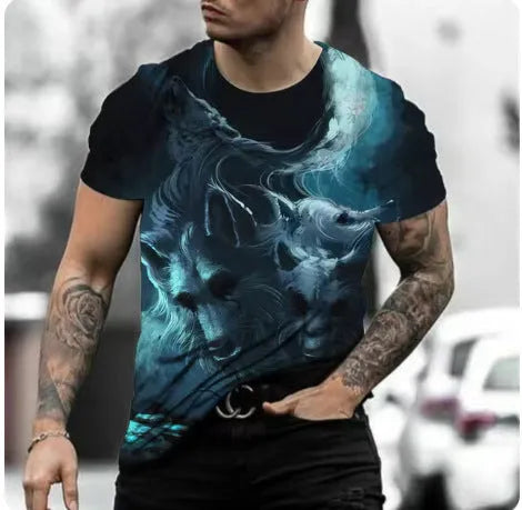 Retro 3D animal print design on a men's light grey short-sleeved t-shirt.