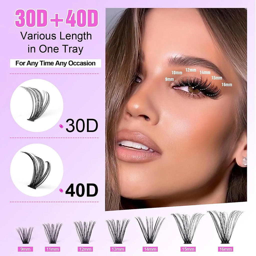 DIY cluster false eyelashes mixed package showing 30D and 40D densities in 9-16mm lengths with tweezers