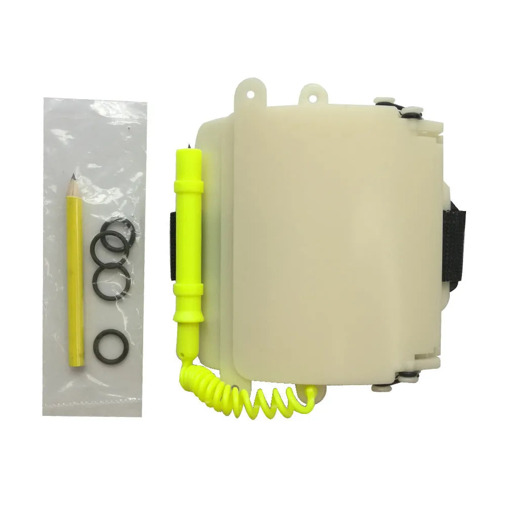 White luminous underwater writing wristboard for diving with pencil and o-ring.