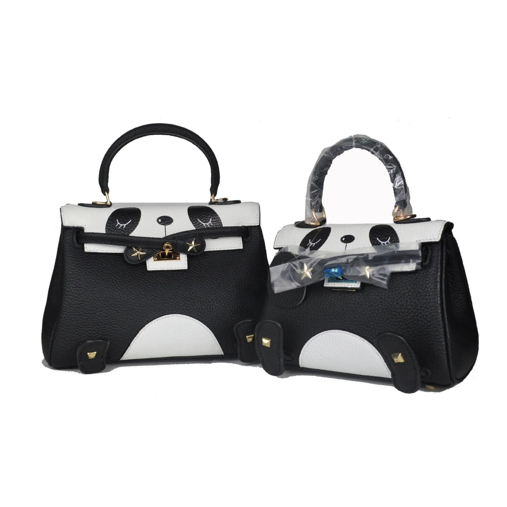 Panda printed cow leather handbag in horizontal square shape, sweet lady style pattern