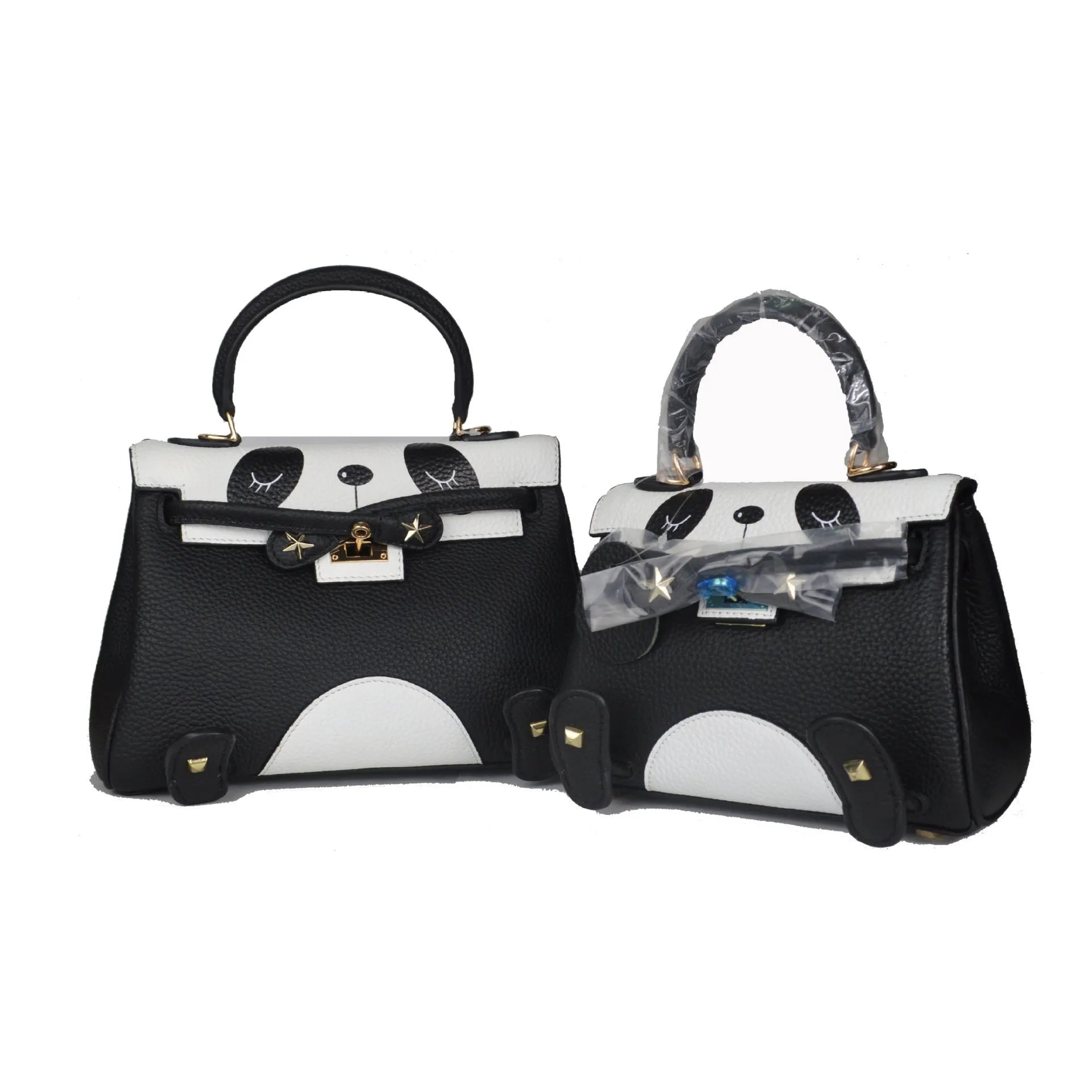 Panda printed cow leather handbag in horizontal square shape, sweet lady style pattern