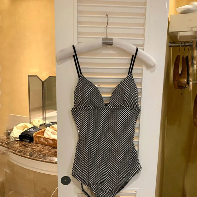 Blue and black one-piece swimsuit with cover belly design for small chest figures