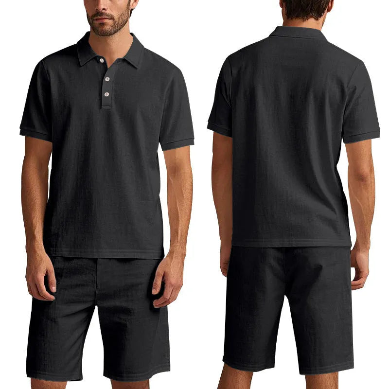 Men's loose fit apricot linen blend short sleeve shirt and shorts set for summer