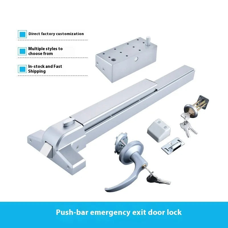 Stainless steel fire door push lock with an external handle on a 65cm wide door.