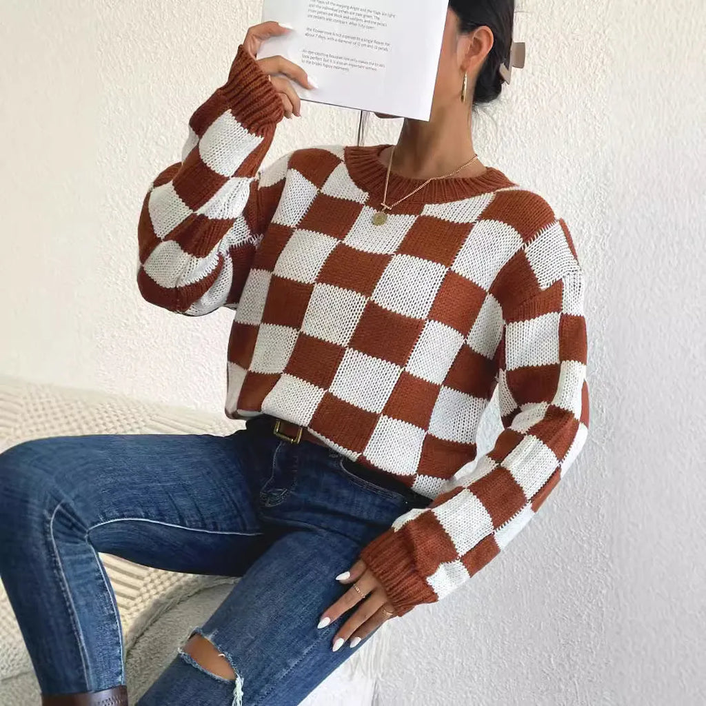 Dark brown acrylic sweater with a chessboard plaid pattern, loose fit, round neck, and long sleeves.