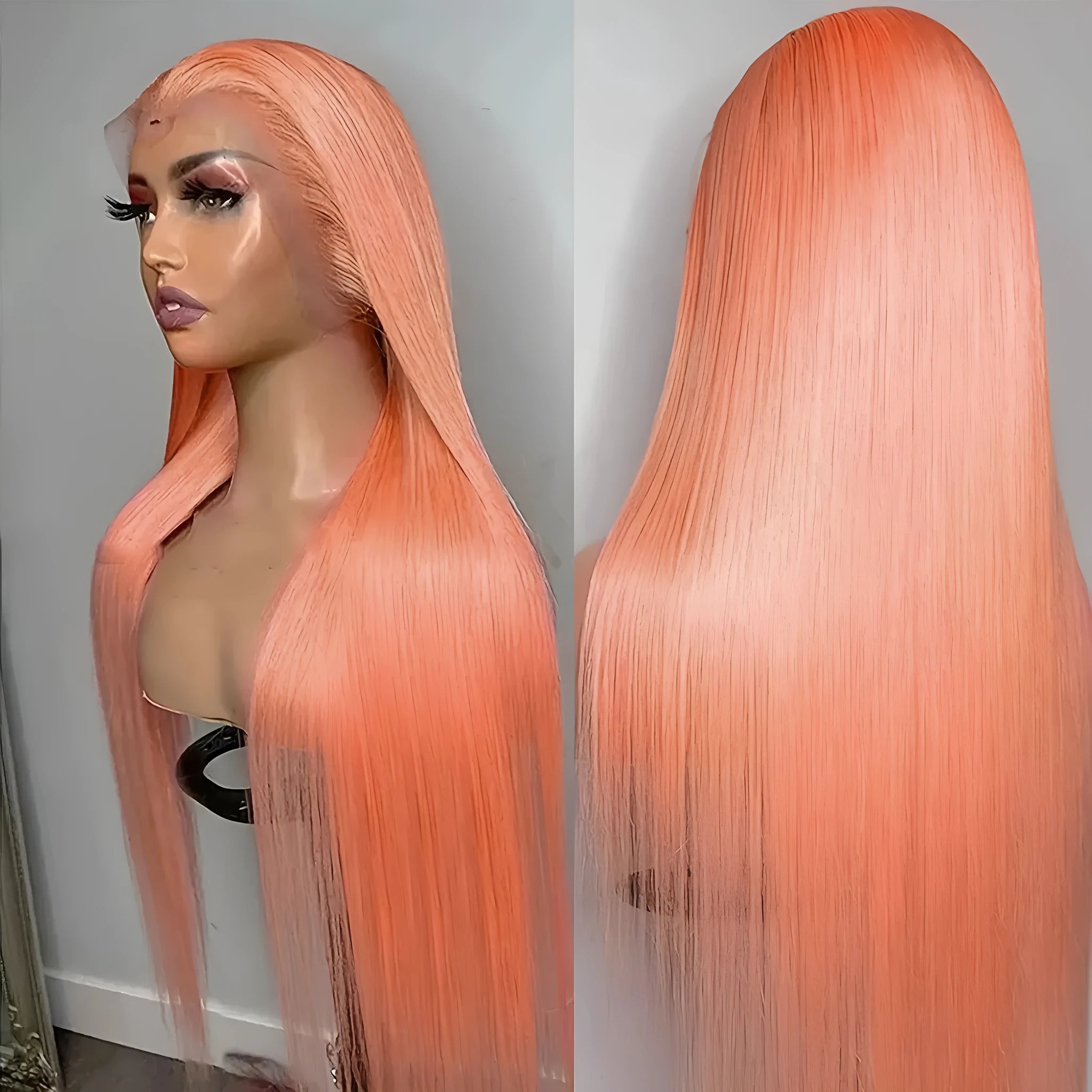 Light orange long straight front lace wig with high-temperature fibre, shown with side bangs styling