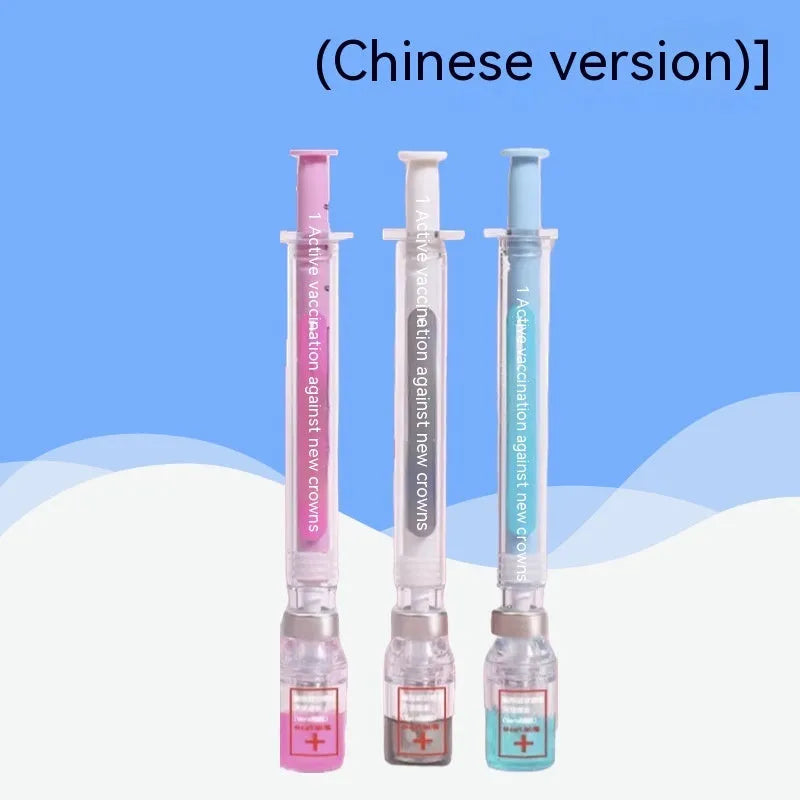 Vaccine design novelty gel pen with black ink 0.5mm tip on white background.