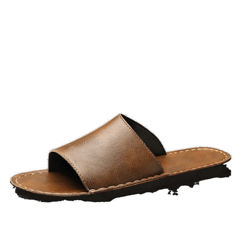 Brown leather men's open-toe sandals with a rubber sole on a neutral background.