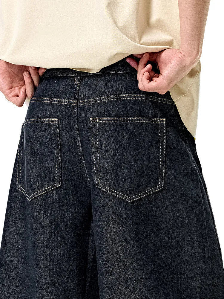 Men's wide leg denim trousers in original cow colour with mid waist design
