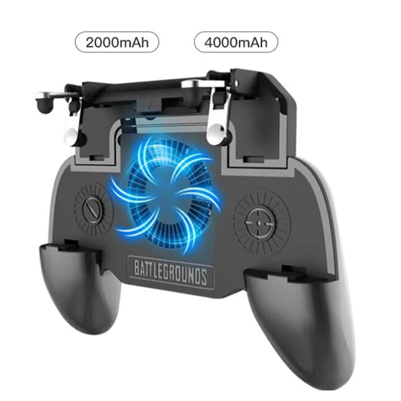 Black mobile game controller with USB cable, aluminium alloy trim, and dedicated grip buttons.