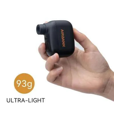 Black AS100 electric bicycle pump with USB charging port showing compact dimensions