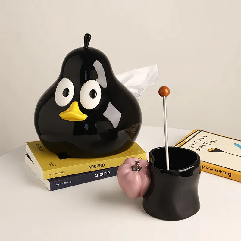 White porcelain ceramic tissue box with pear shape and cute animal design in green colour