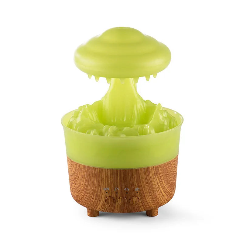 Rain cloud shaped humidifier with wood grain finish emitting mist and glowing with LED light