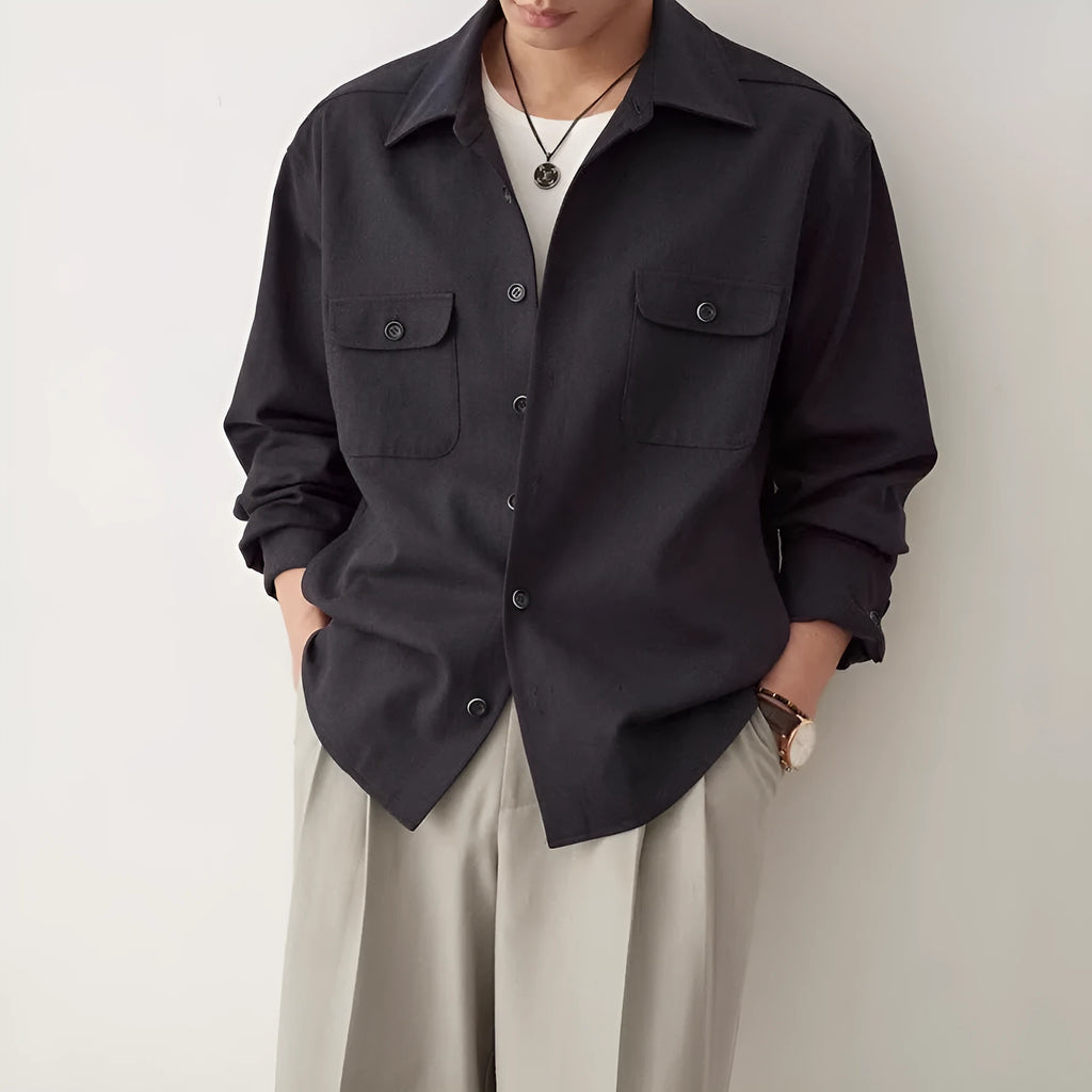 Men's long sleeve formal shirt with a cotton lapel, shown in light sand rice colour.