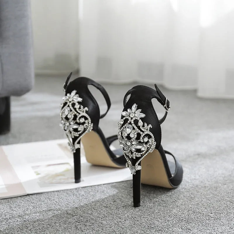Black suede women's high heels with rhinestone detail and fish mouth toe, 6-8cm heel height