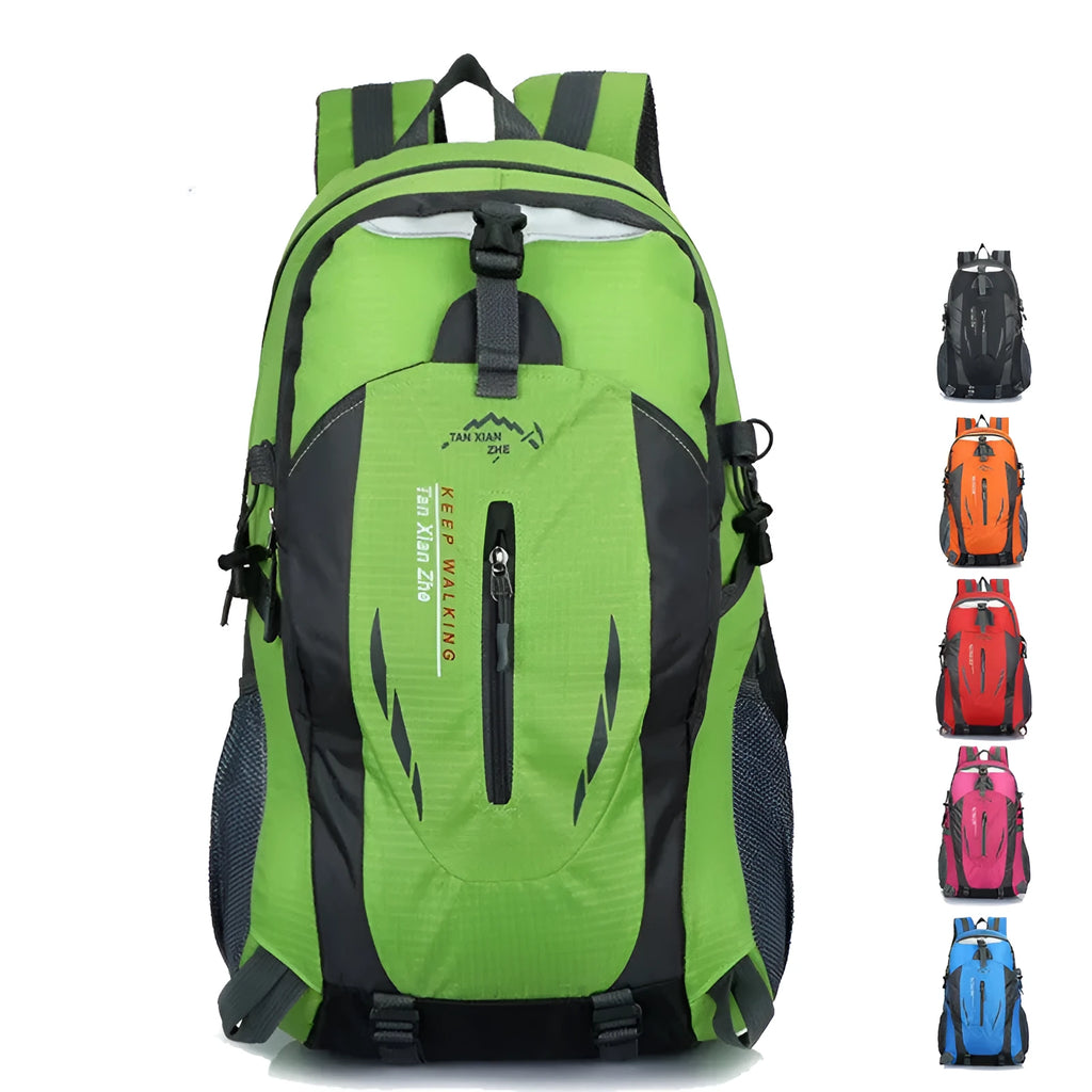Large outdoor travel backpack in Oxford cloth showing computer pocket, dual shoulder straps, and zipper opening