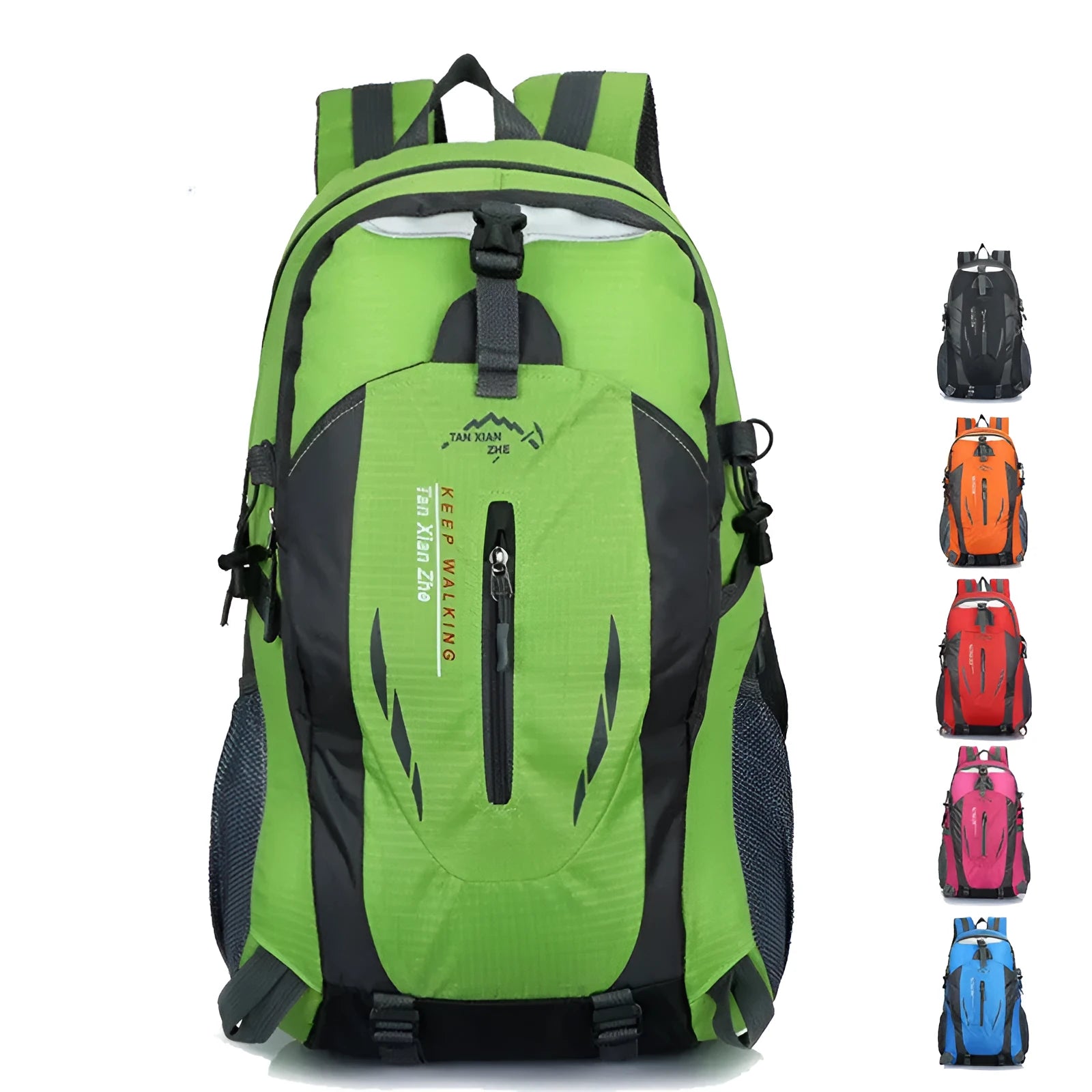Large outdoor travel backpack in Oxford cloth showing computer pocket, dual shoulder straps, and zipper opening
