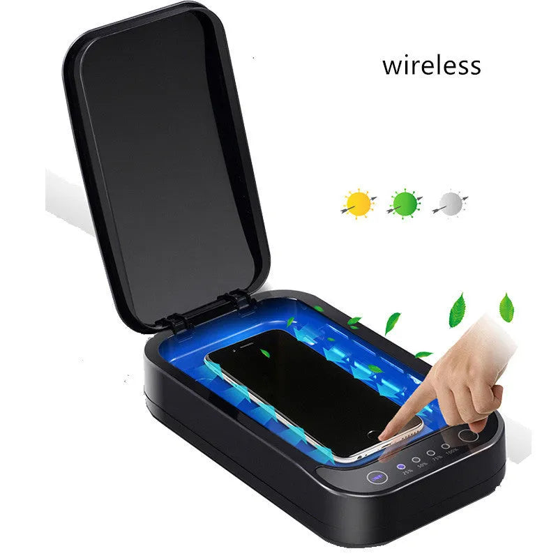 A black or white wireless UV disinfection box for mobile phones, showing phone inside.