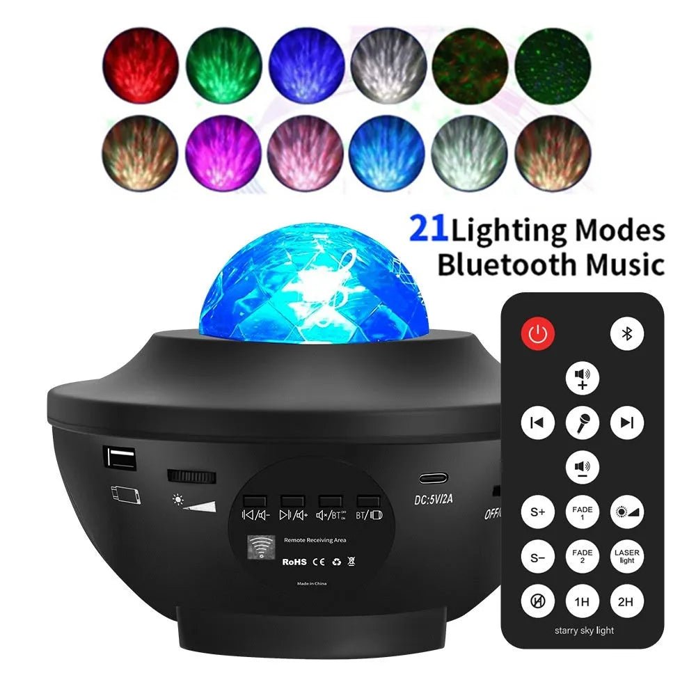 Black parallel starry sky projection lamp with water ripple laser effects and Bluetooth speaker