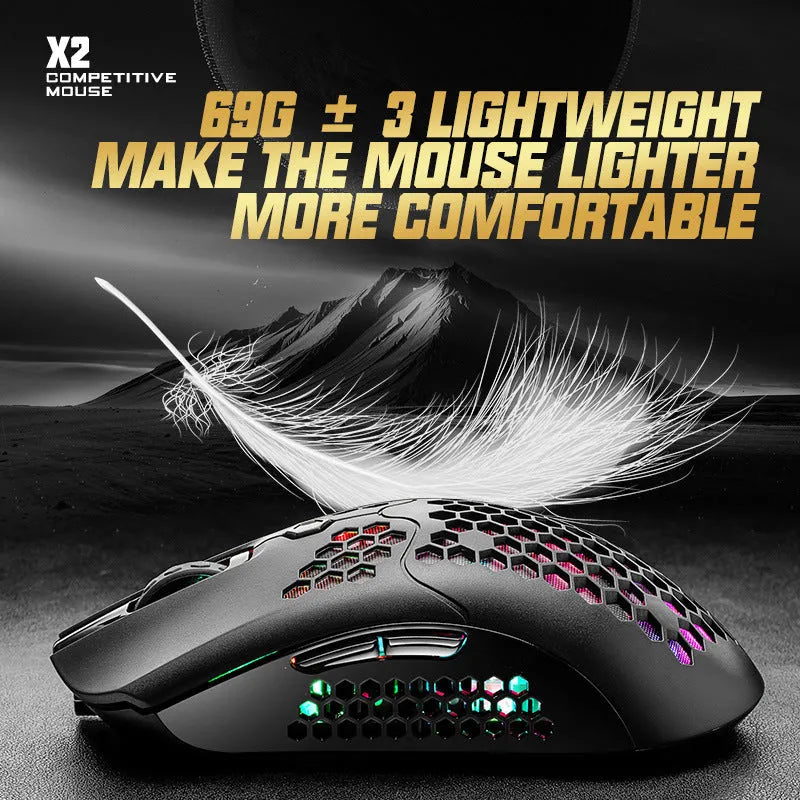 Free Wolf X2 wireless gaming mouse in multiple colours showing RGB lighting and dual-mode connectivity.