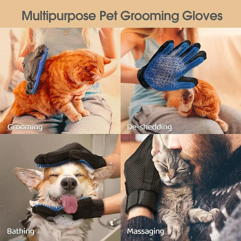 Blue pet grooming gloves with silicone tips for dog and cat hair removal during brushing and bathing