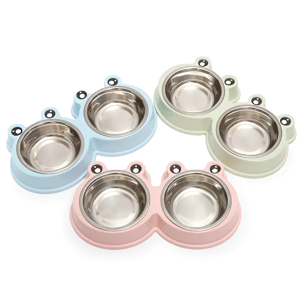 Stainless steel double compartment pet bowl set for cats and dogs in blue colour