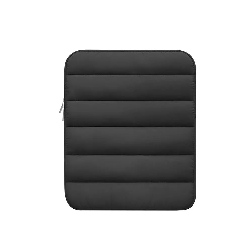 Elastic puff bag laptop sleeve for 9.7-11 inch devices in black, khaki, and silver colours