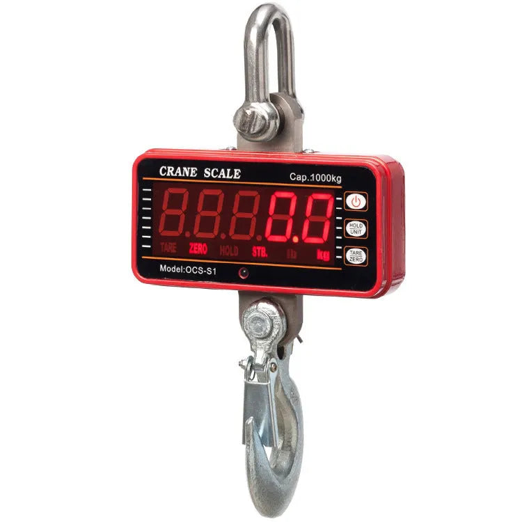 Orange electronic crane scale with digital display showing weight measurement up to 500kg capacity
