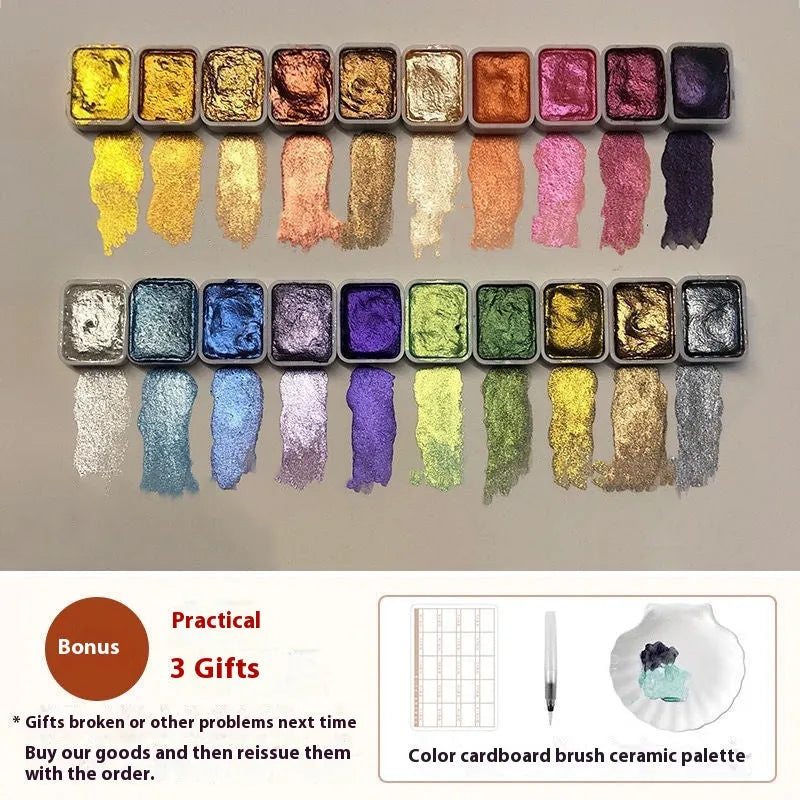 Traditional Chinese painting watercolour set showing pots of 20 colours, including red and white gold paints.