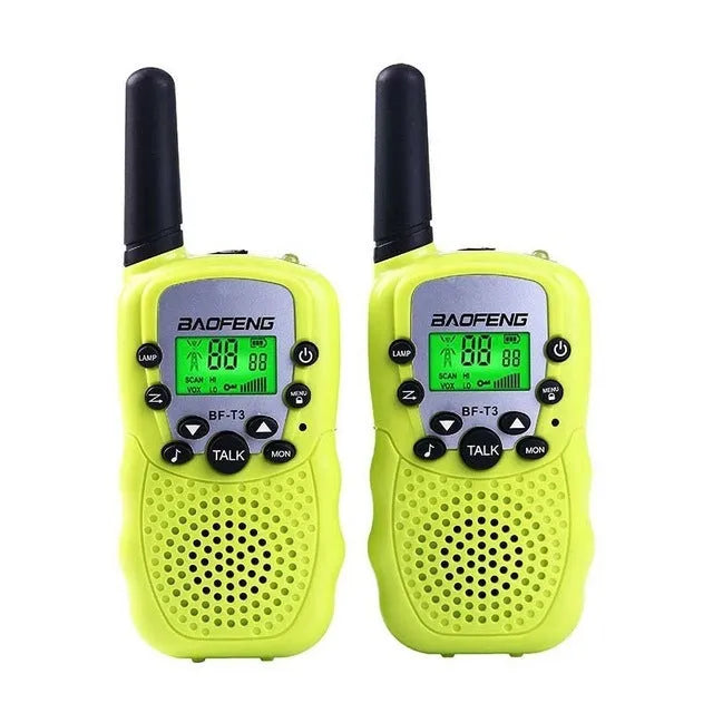 Child holding colourful walkie talkie with antenna extended, showing 22-channel display