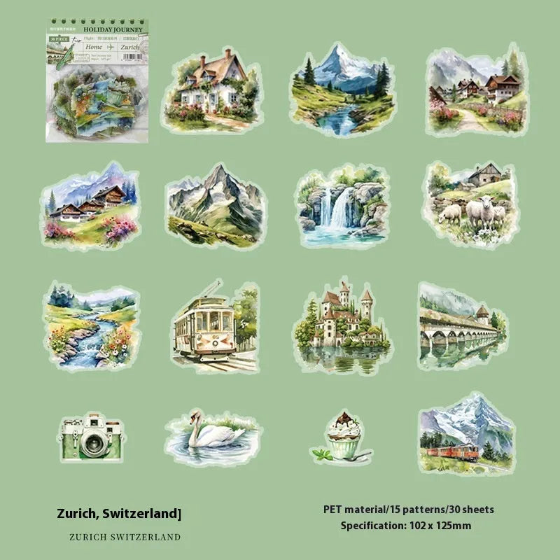 Holiday Journey Series retro architecture journal stickers showing six landmark designs.