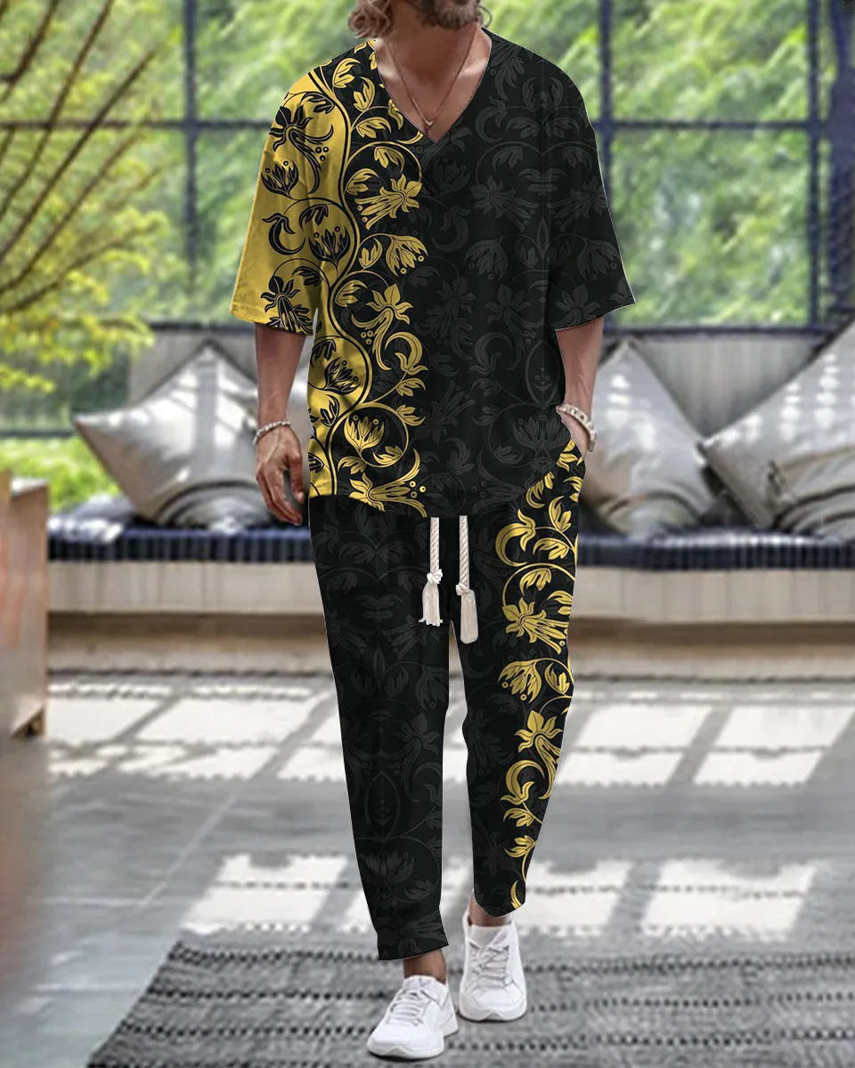 Men's cropped sleeve V-neck polyester suit in thin fabric with trousers, available in multiple colours and sizes S to 6XL