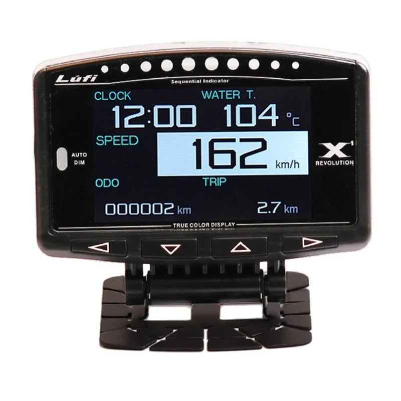 X1 Automotive OBD diagnostic instrument with LED display on metal housing.