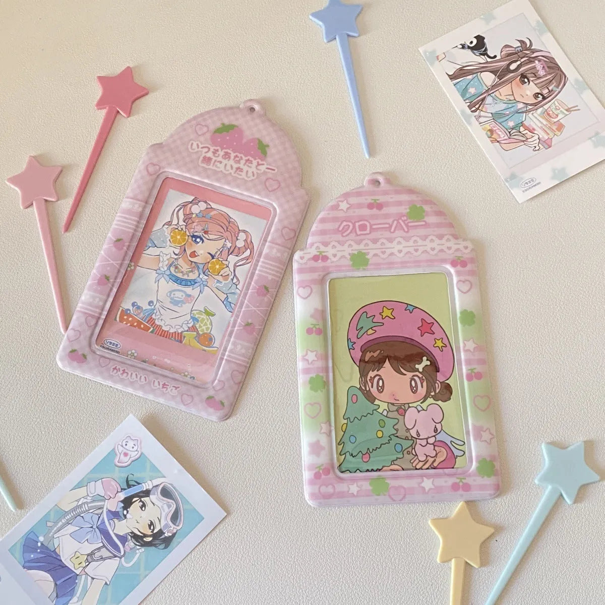 Cartoon PVC card holder with strawberry or four-leaf clover design for meal cards and ID badges