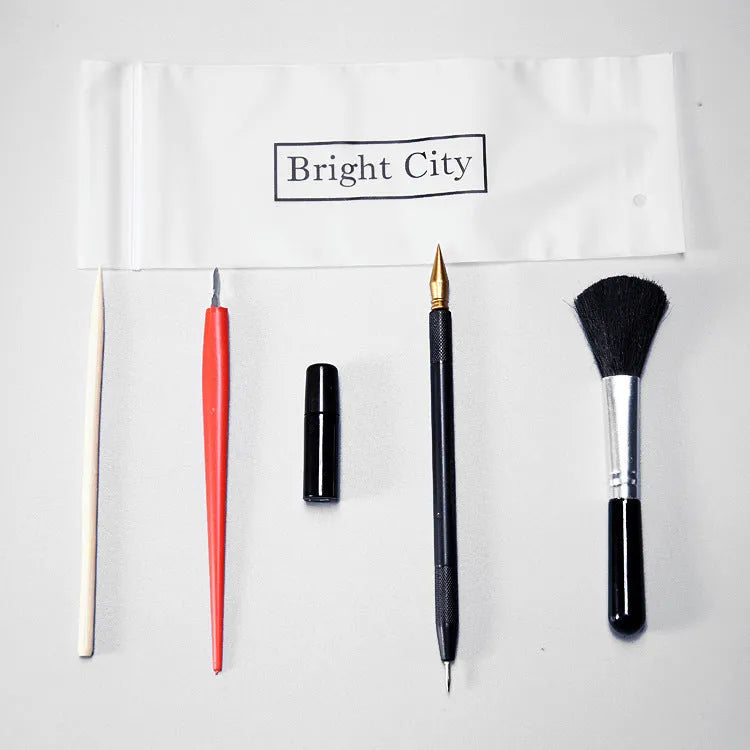 Scratching tool set with scraping pens, brushes, bamboo sticks and repair solution bottles