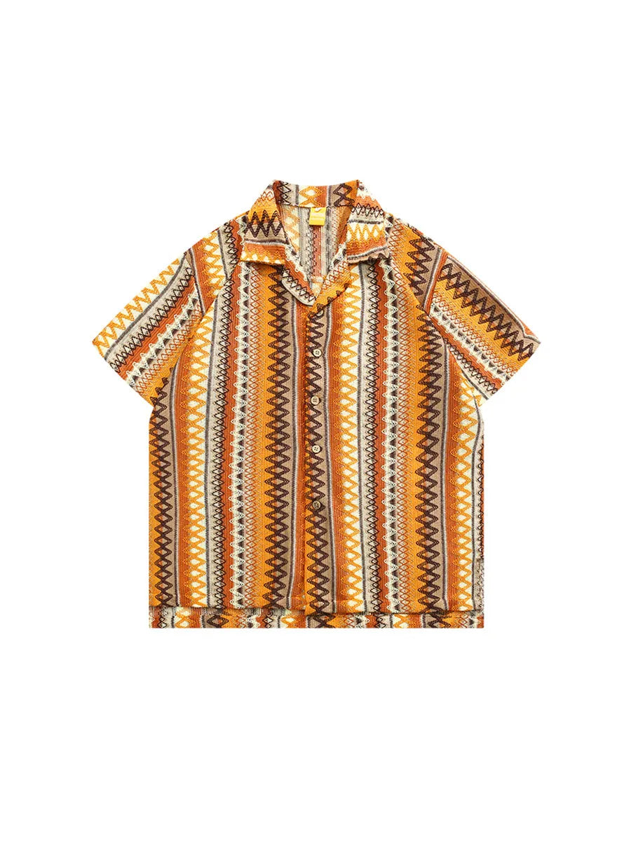 Loose fit Cuban collar shirt in a woven contrast colour pattern with drop-shoulder short sleeves.